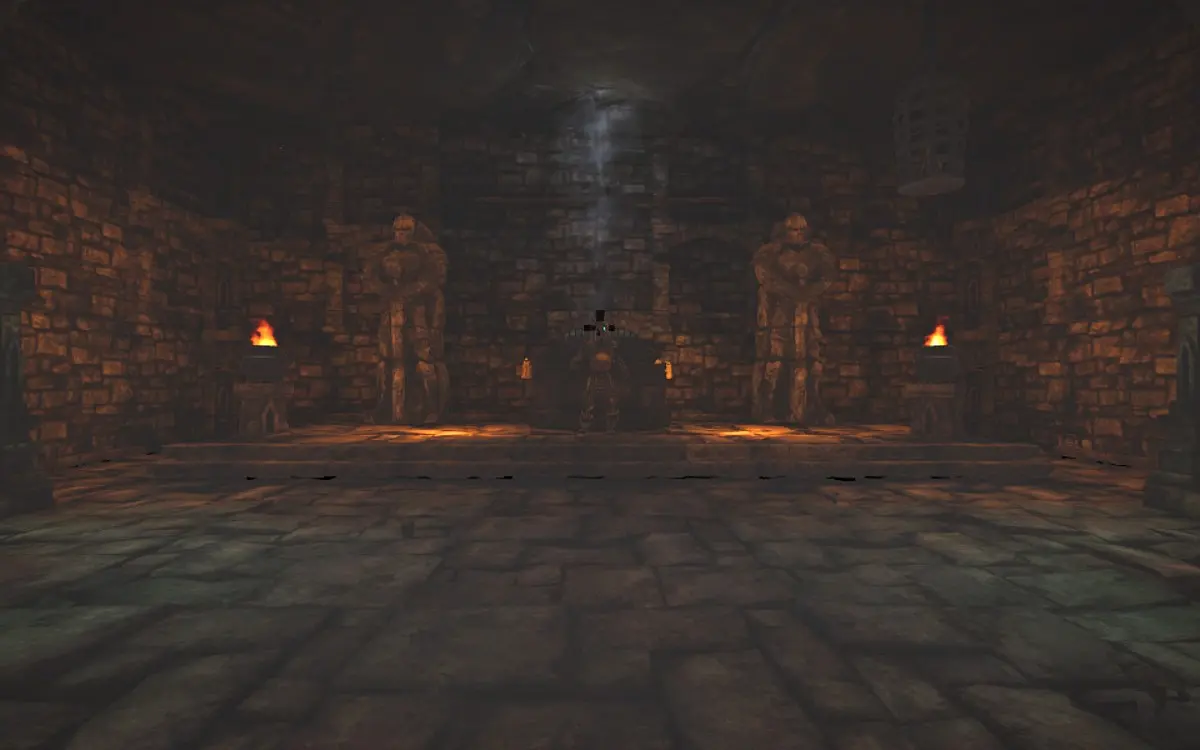 The Skeleton Warden rises in its hall between two soul braziers.