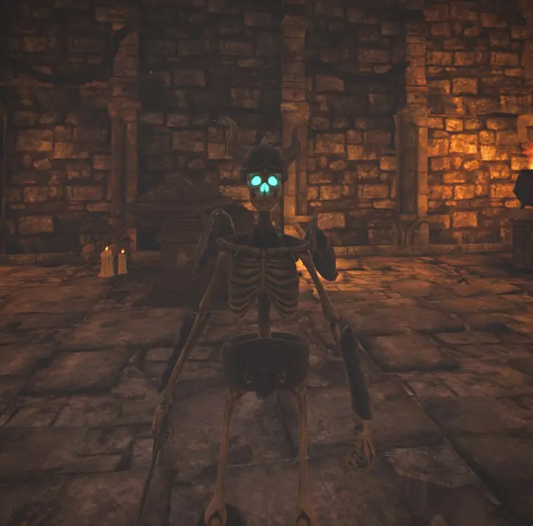 A Skeleton Warrior with glowing eyes raises its blade between two braziers.