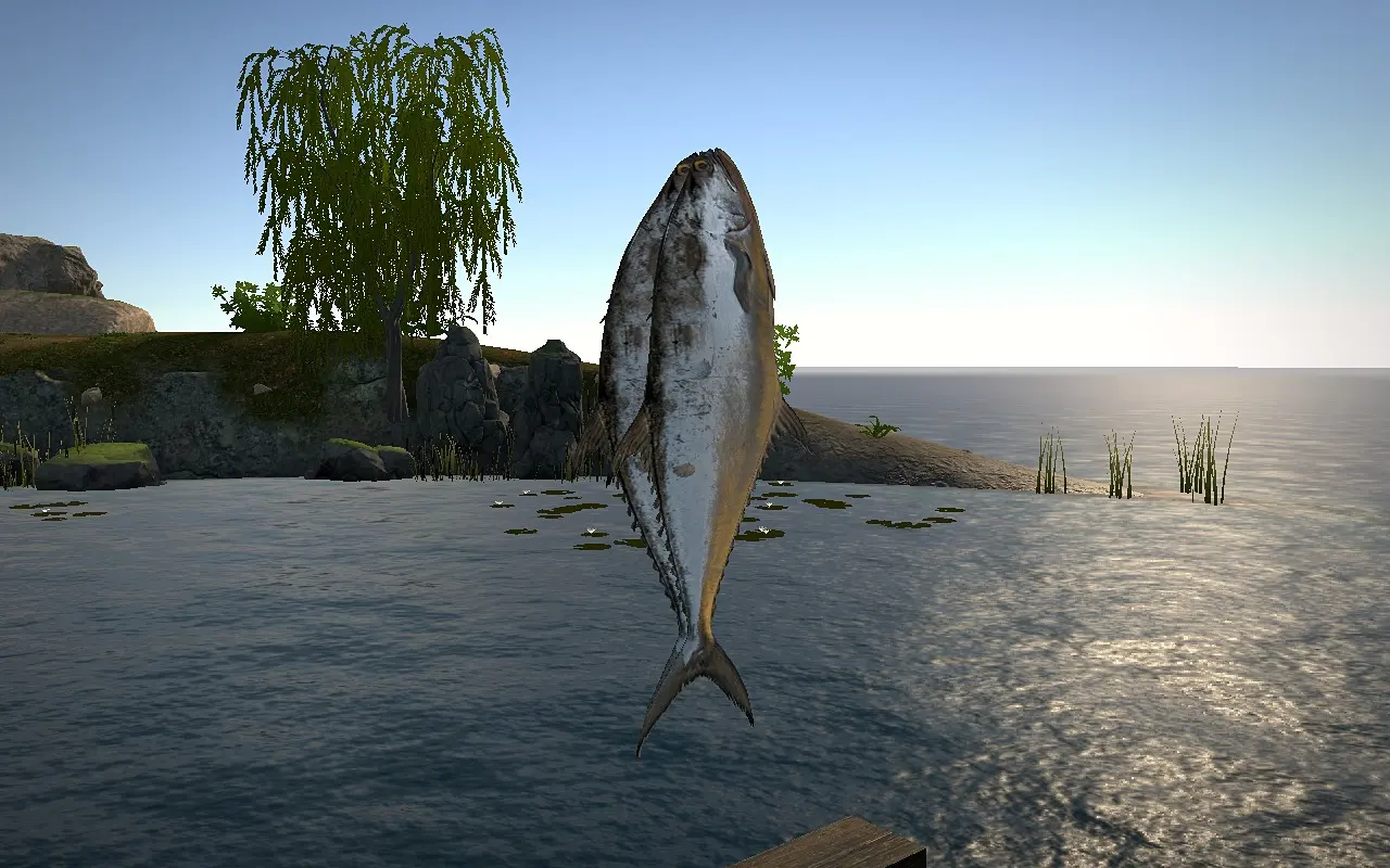 A freshly caught fish hanging from the line above the lake.