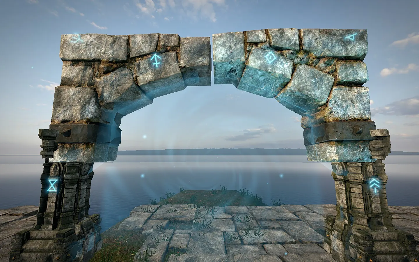 Close view of the portal arch: weathered stone blocks carved with luminous runes.