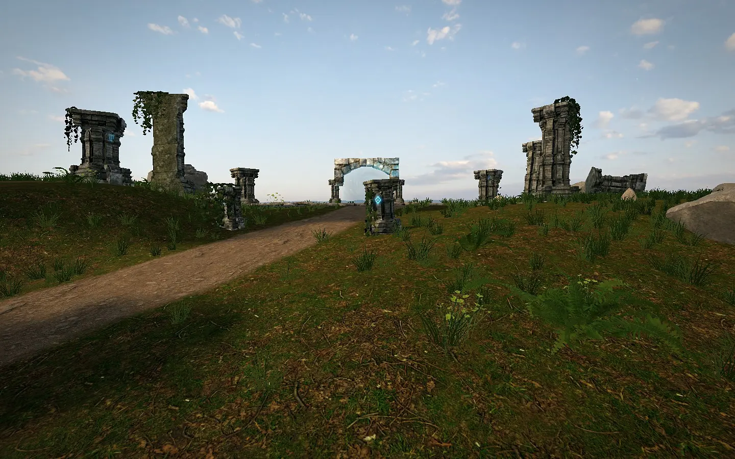 The avenue of broken pillars leading up to the ruins.