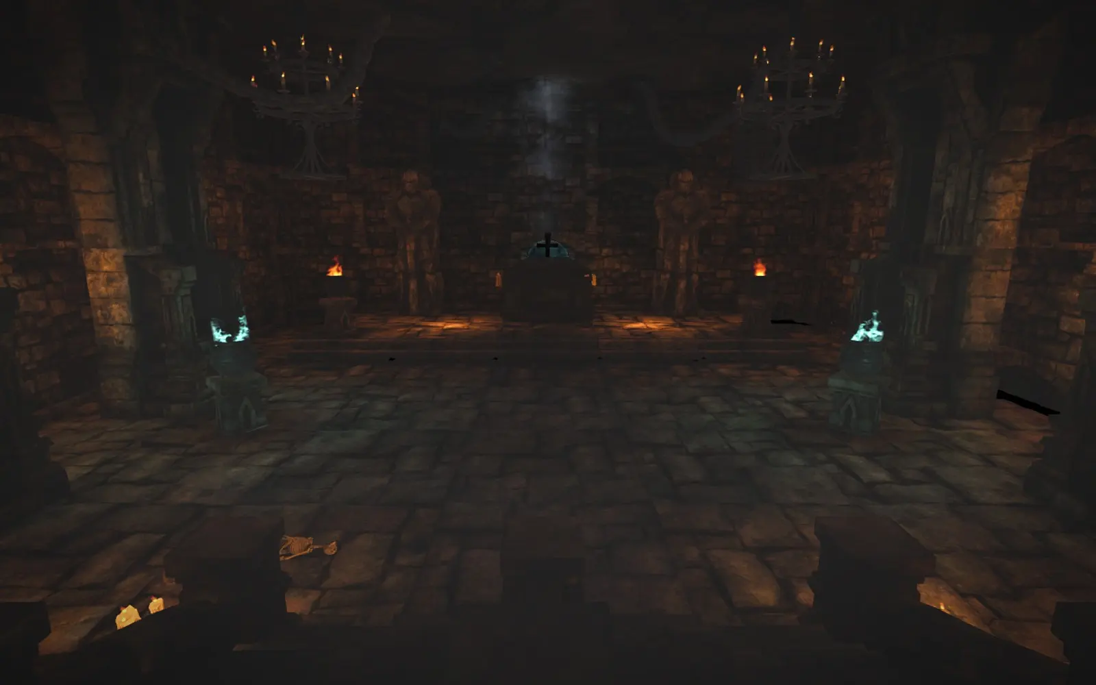 The Warden's hall: chandeliers, pale statues and two soul braziers.